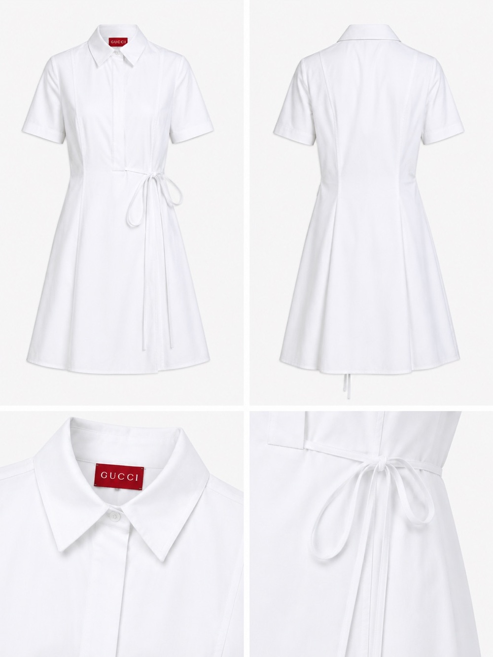 Gucci White Short-Sleeve Tie-Waist Shirt Dress